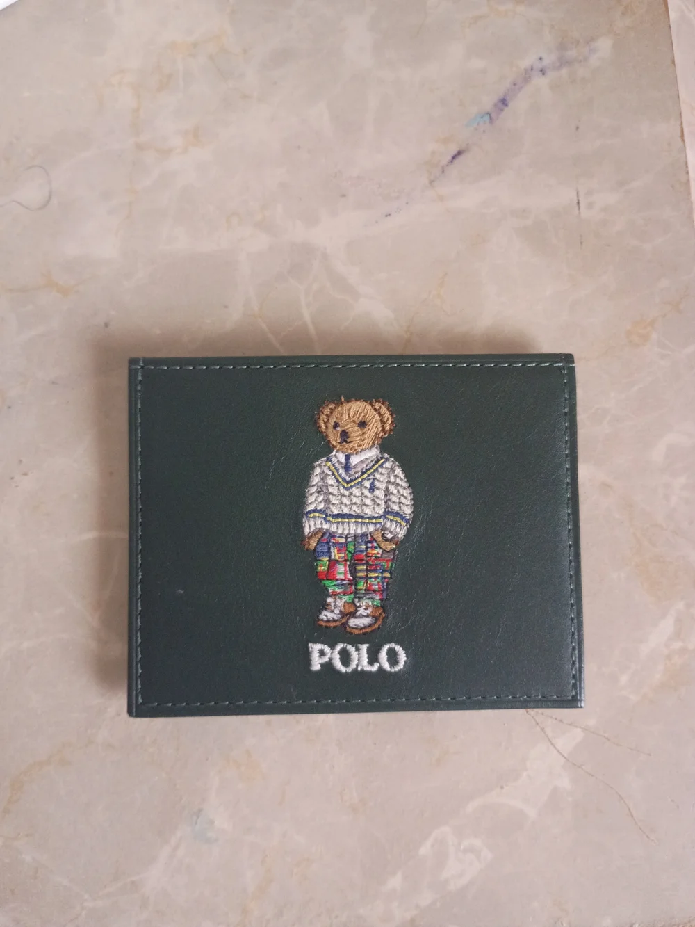 Polo by Ralph Lauren Men’s Green Leather Bear Embroidered Card Holder